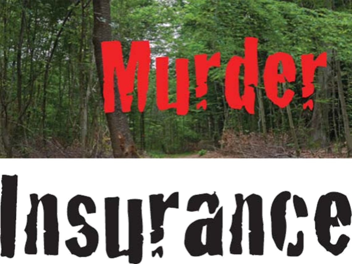 A photo of the deep woods with the words "Murder Insurance" superimposed